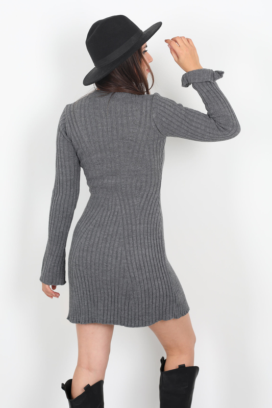 Kolları Yırtmaçlı Kadın Antrasit Fitilli Triko Elbise - 5
