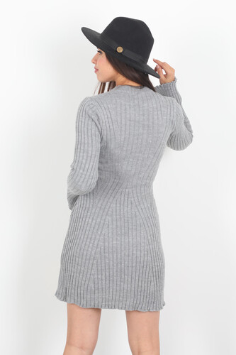 Kolları Yırtmaçlı Kadın Gri Fitilli Triko Elbise - 5