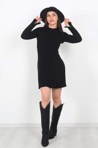 Kolları Yırtmaçlı Kadın Siyah Fitilli Triko Elbise - Berox (1)