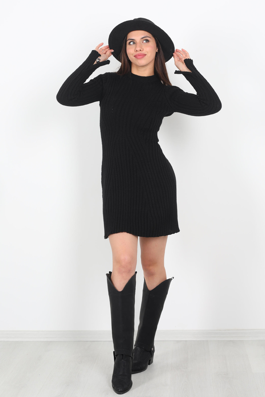 Kolları Yırtmaçlı Kadın Siyah Fitilli Triko Elbise - 2