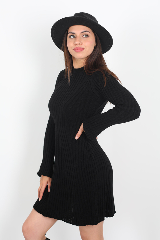 Kolları Yırtmaçlı Kadın Siyah Fitilli Triko Elbise - 3