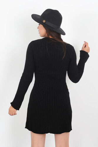 Kolları Yırtmaçlı Kadın Siyah Fitilli Triko Elbise - 5