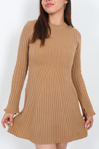 Kolları Yırtmaçlı Kadın Vizon Fitilli Triko Elbise - 4