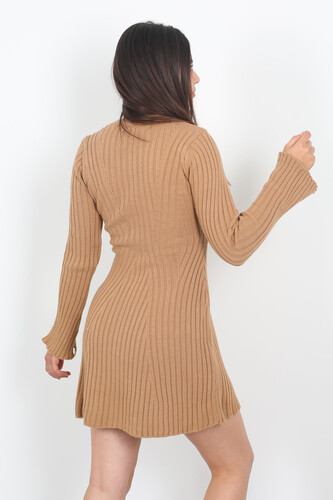 Kolları Yırtmaçlı Kadın Vizon Fitilli Triko Elbise - 5