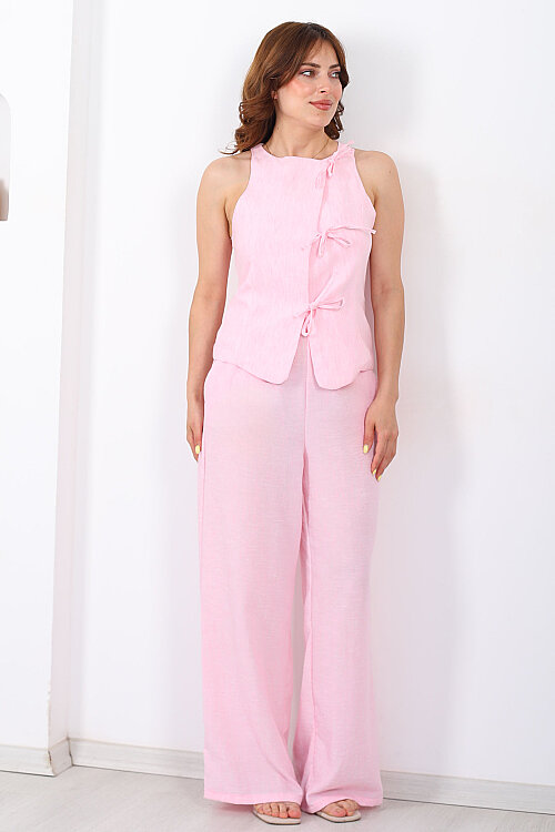Kolsuz Bağlamalı Yelek-Pantolon Pembe Kadın Takım - 5