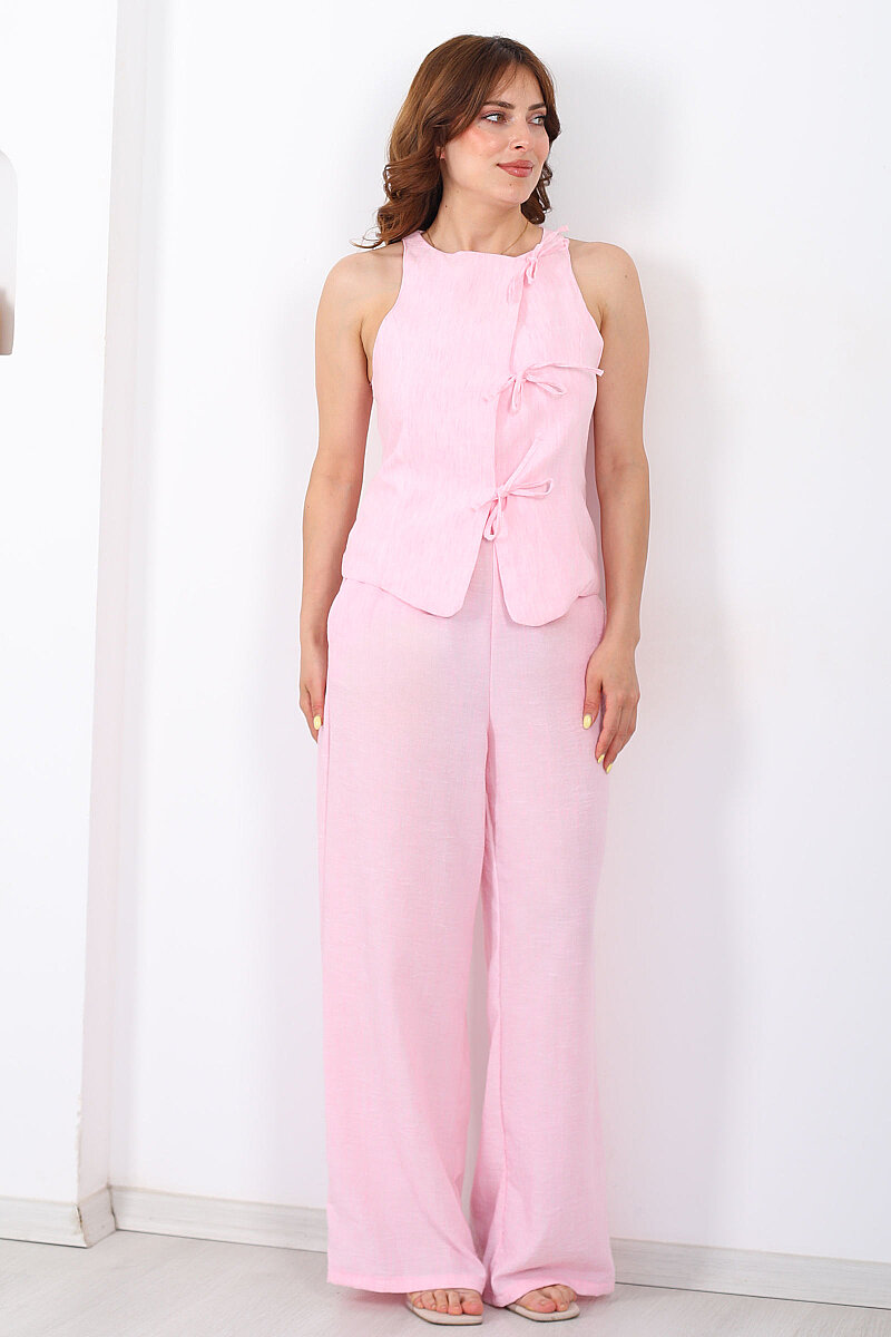 Kolsuz Bağlamalı Yelek-Pantolon Pembe Kadın Takım - 5