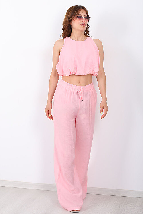 Kolsuz Balon Bluz Pantolon Pembe Kadın Takım - 3