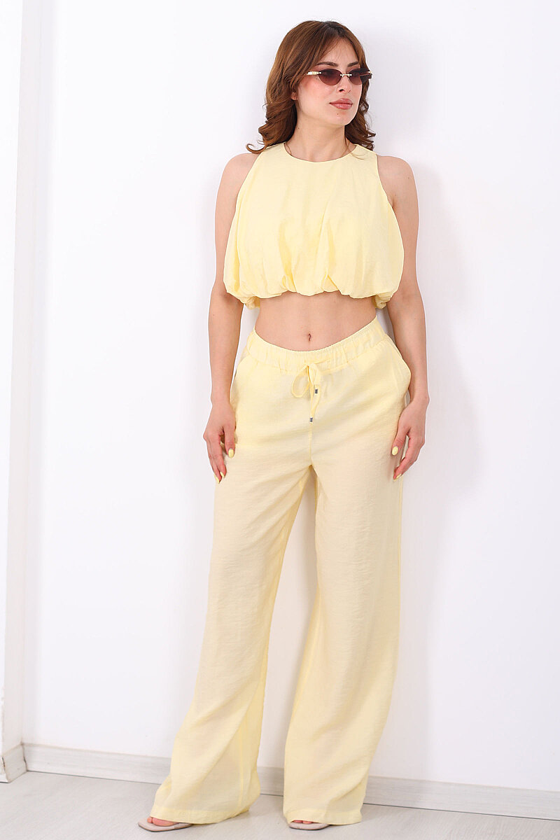 Kolsuz Balon Bluz Pantolon Sarı Kadın Takım - 3