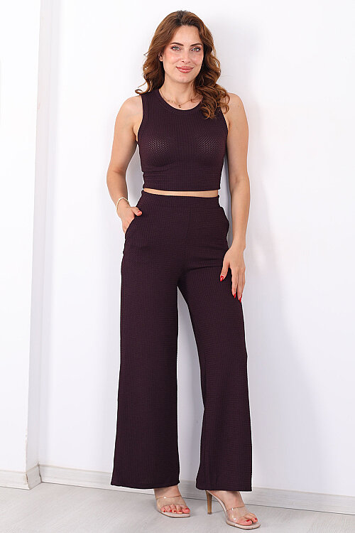 Kolsuz Beli Lastikli Crop- Pantolon Mürdüm Kadın Dragon Takım - 3