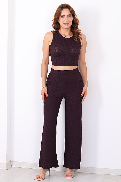 Kolsuz Beli Lastikli Crop- Pantolon Mürdüm Kadın Dragon Takım - 5