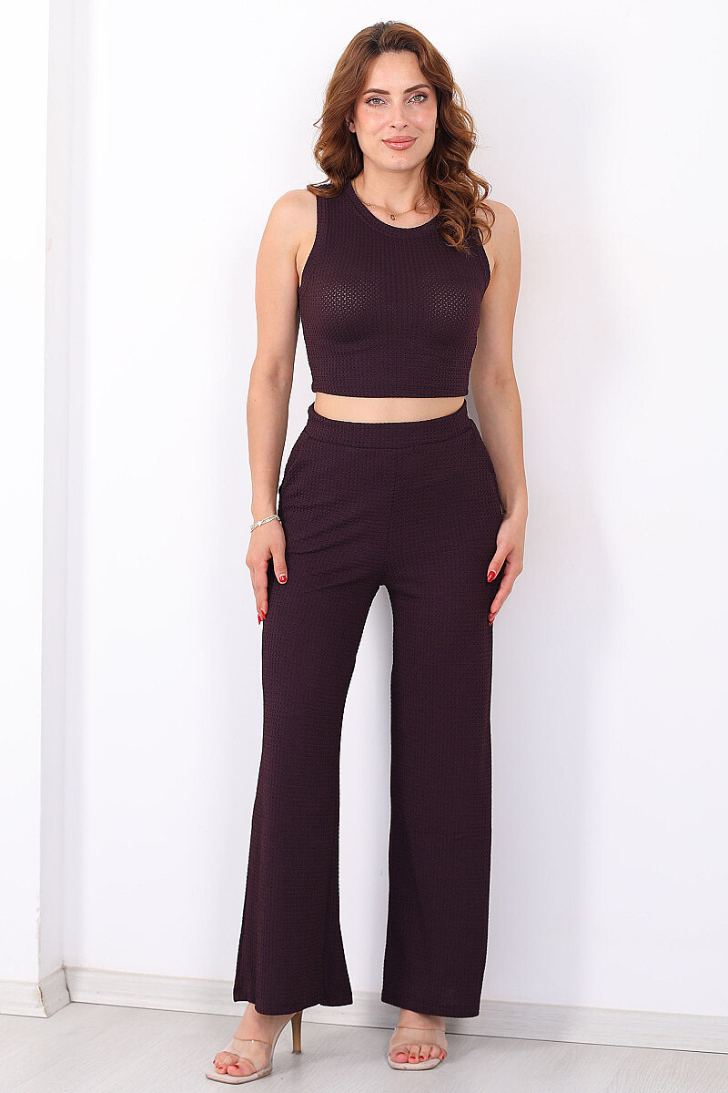 Kolsuz Beli Lastikli Crop- Pantolon Mürdüm Kadın Dragon Takım - 5