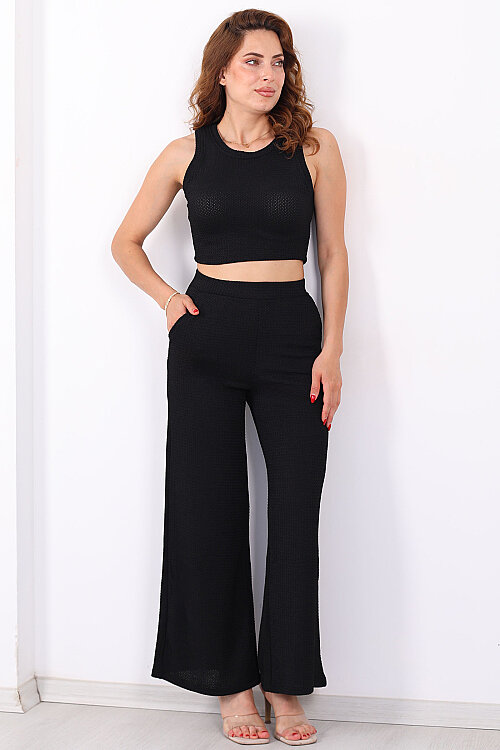 Kolsuz Beli Lastikli Crop- Pantolon Siyah Kadın Dragon Takım - Berox