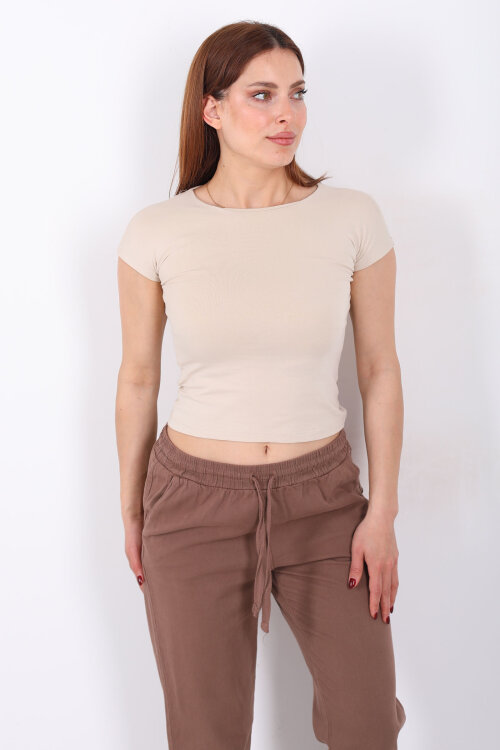 Kolsuz Bisiklet Yaka Kadın Bej Basic Body - 4