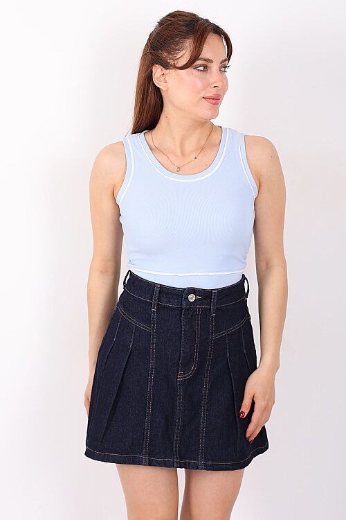 Kolsuz Biyeli Fitilli Bebe Mavi Kadın Crop Top - 3