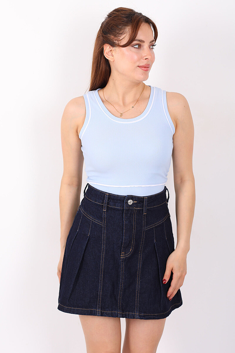 Kolsuz Biyeli Fitilli Bebe Mavi Kadın Crop Top - 3