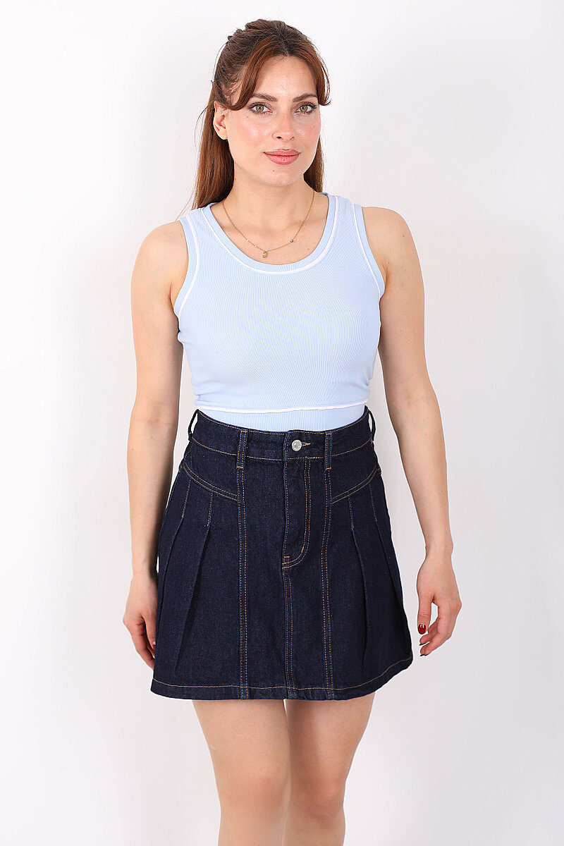 Kolsuz Biyeli Fitilli Bebe Mavi Kadın Crop Top - 5