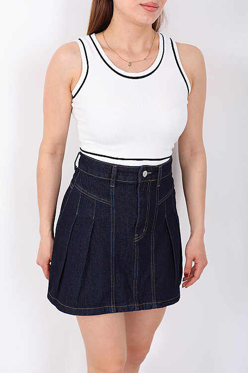 Kolsuz Biyeli Fitilli Beyaz Kadın Crop Top - Berox (1)