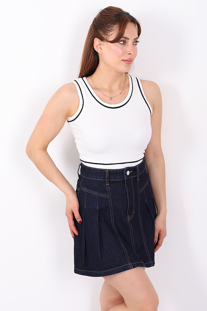 Kolsuz Biyeli Fitilli Beyaz Kadın Crop Top - 1