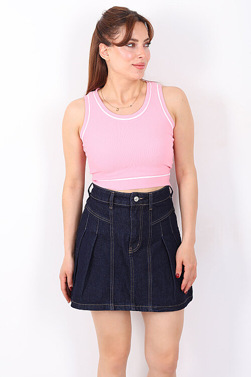 Kolsuz Biyeli Fitilli Pembe Kadın Crop Top - 4