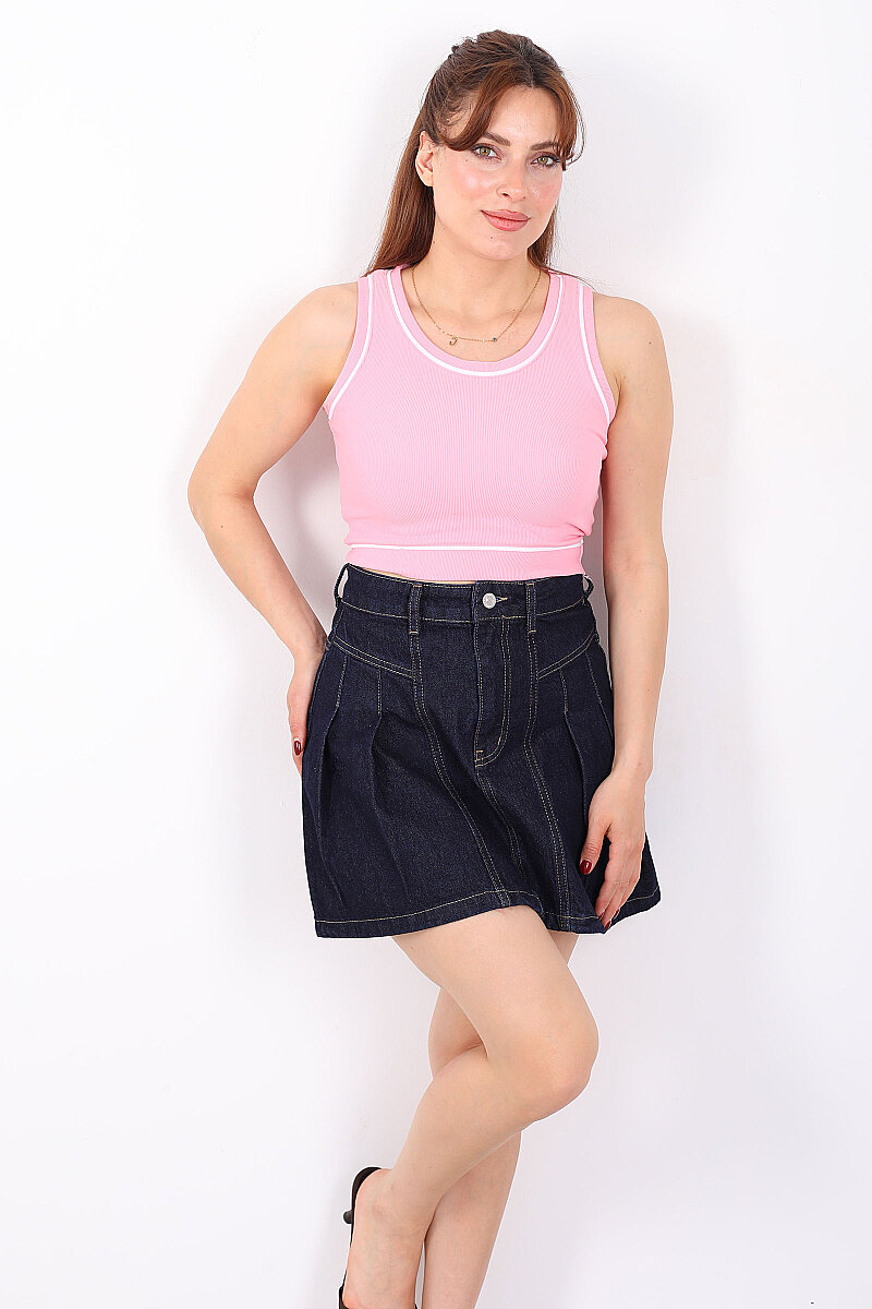 Kolsuz Biyeli Fitilli Pembe Kadın Crop Top - 3