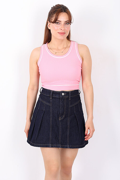 Kolsuz Biyeli Fitilli Pembe Kadın Crop Top - 5