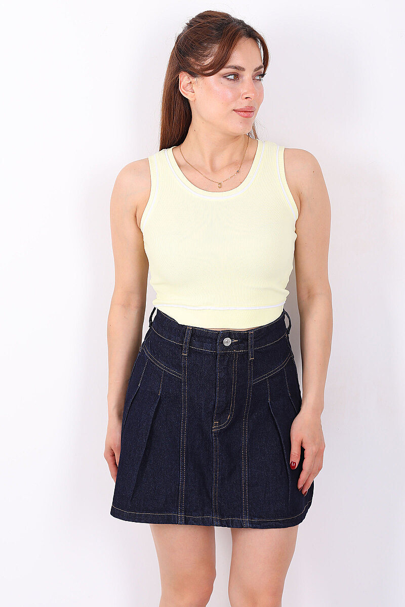 Kolsuz Biyeli Fitilli Sarı Kadın Crop Top - 3