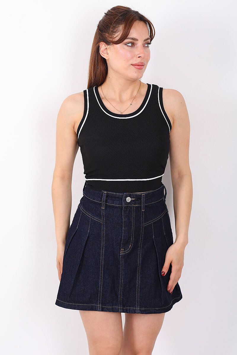 Kolsuz Biyeli Fitilli Siyah Kadın Crop Top - 3