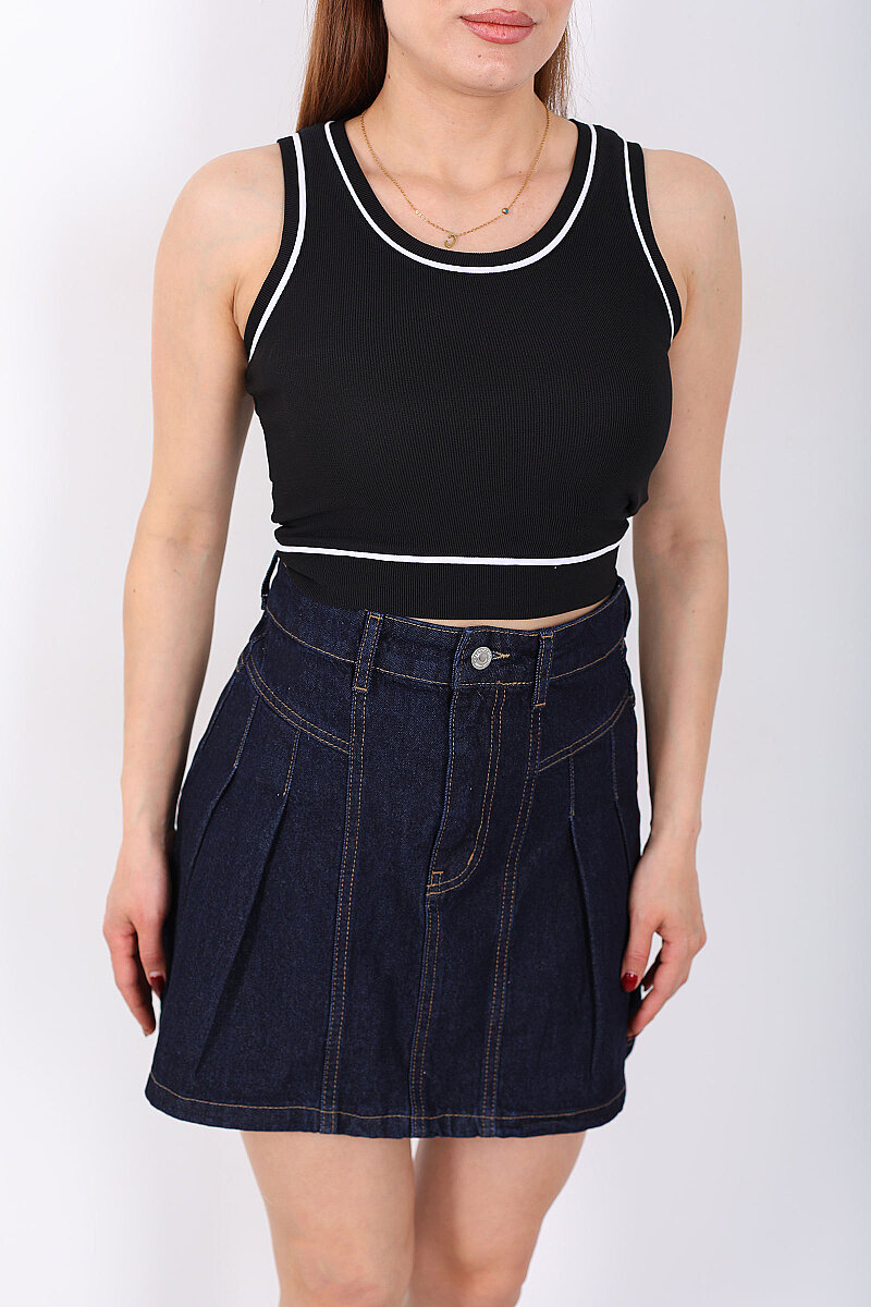 Kolsuz Biyeli Fitilli Siyah Kadın Crop Top - 2