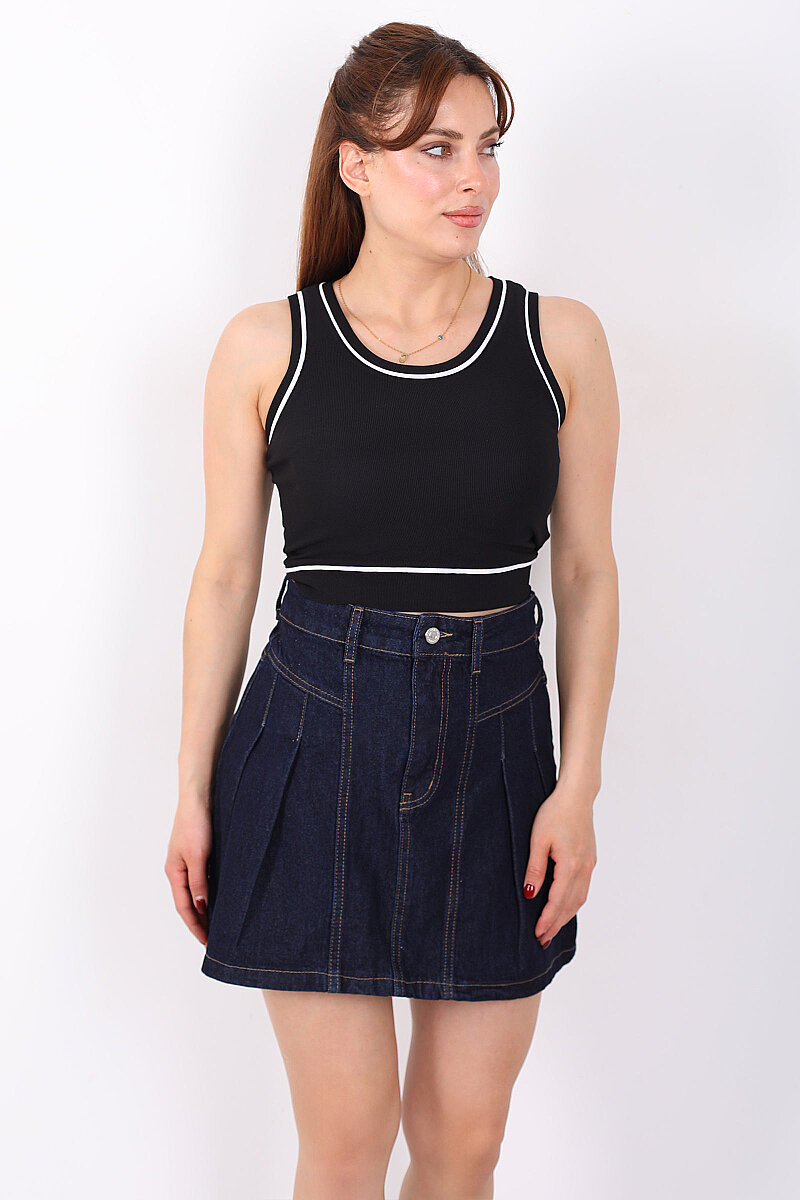 Kolsuz Biyeli Fitilli Siyah Kadın Crop Top - 5