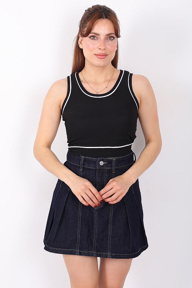 Kolsuz Biyeli Fitilli Siyah Kadın Crop Top - 1