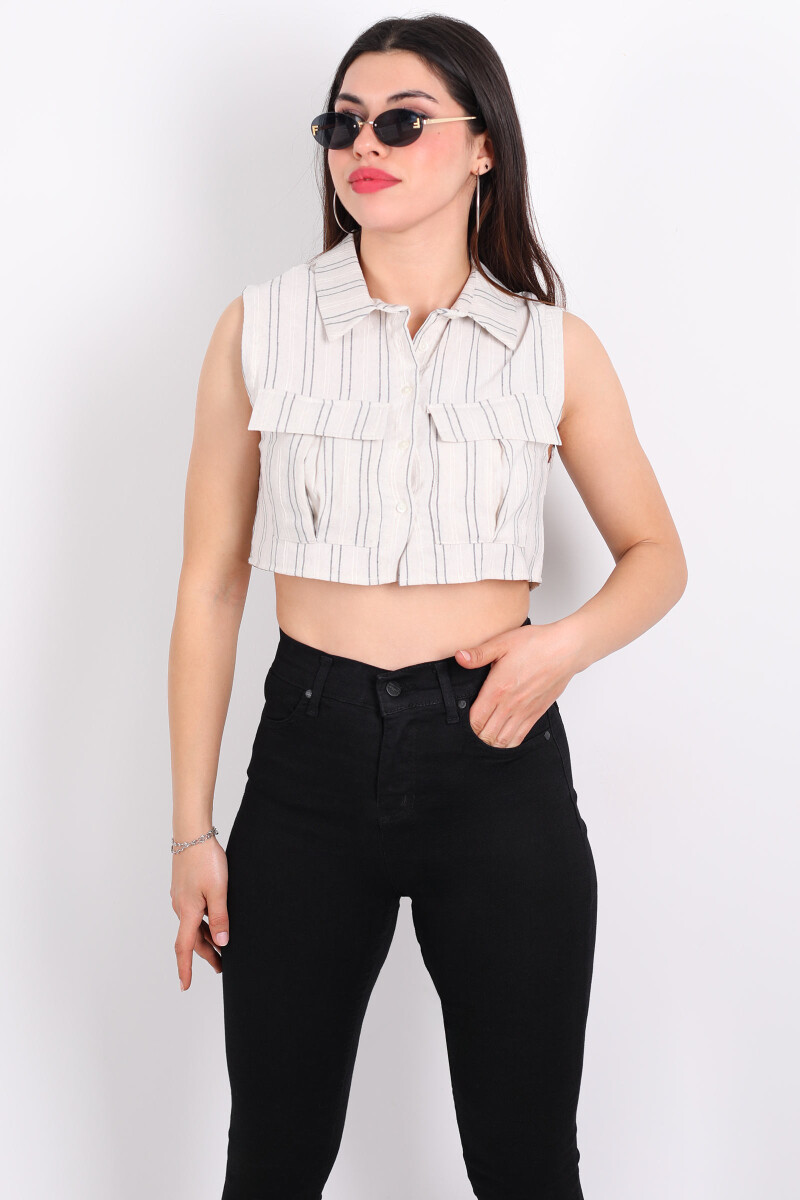 Kolsuz Çift Cepli Antrasit Çizgili Keten Kadın Crop Gömlek - 3
