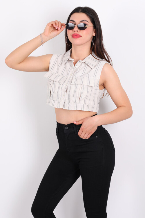 Kolsuz Çift Cepli Antrasit Çizgili Keten Kadın Crop Gömlek 