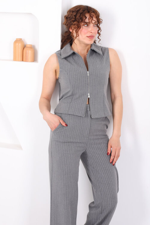 Kolsuz Çift Fermuarlı Yakalı Kadın Gri Çizgili Yelek - 3