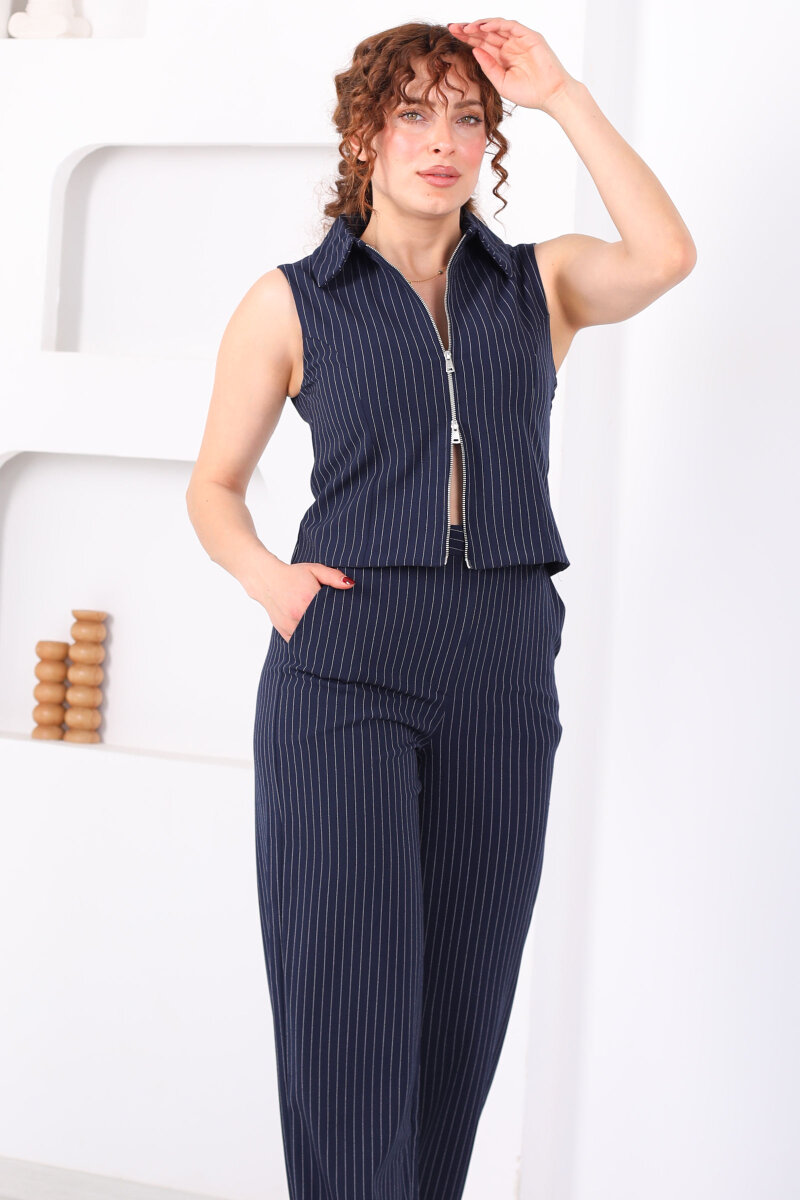 Kolsuz Çift Fermuarlı Yakalı Kadın Lacivert Çizgili Yelek - 4