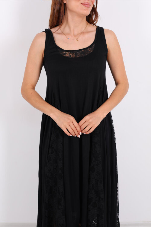 Kolsuz Dantel Detaylı Astarlı Siyah Kadın Elbise - Berox (1)