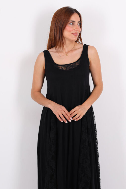 Kolsuz Dantel Detaylı Astarlı Siyah Kadın Elbise - 5