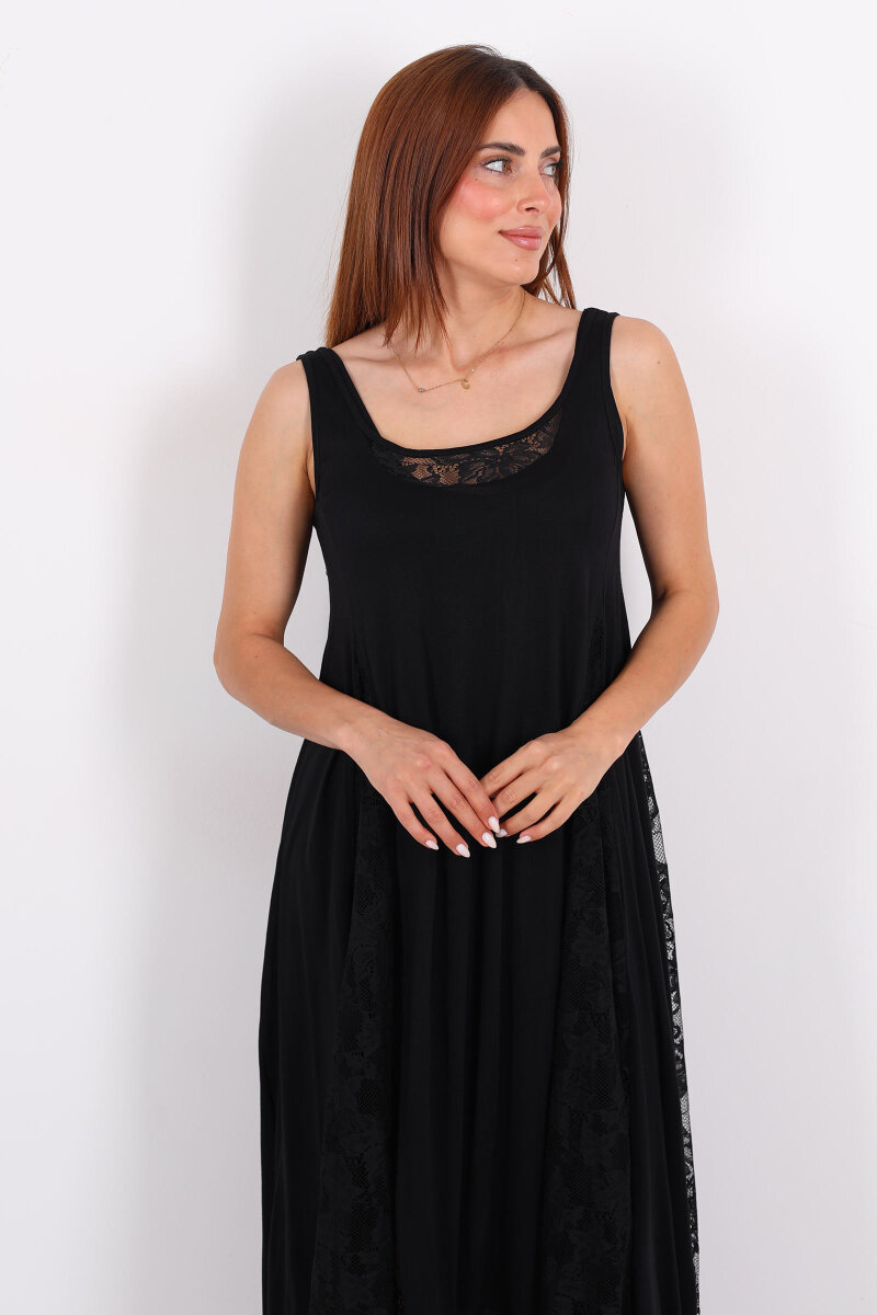 Kolsuz Dantel Detaylı Astarlı Siyah Kadın Elbise - 5