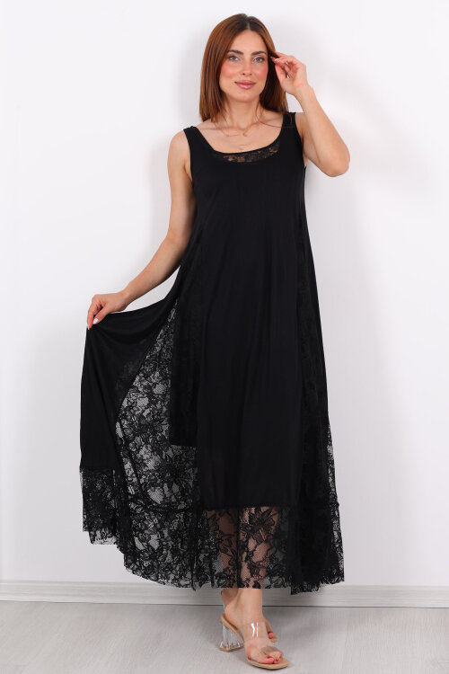 Kolsuz Dantel Detaylı Astarlı Siyah Kadın Elbise - 7