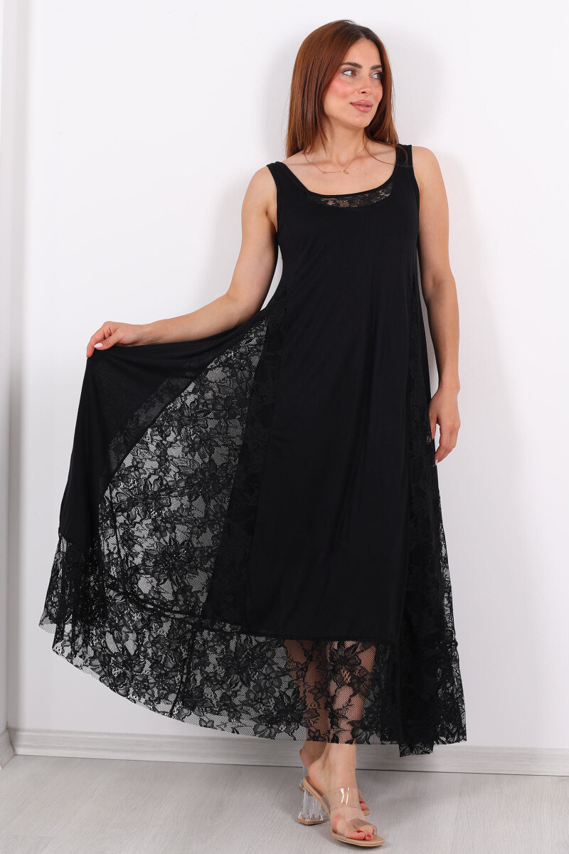 Kolsuz Dantel Detaylı Astarlı Siyah Kadın Elbise - 1