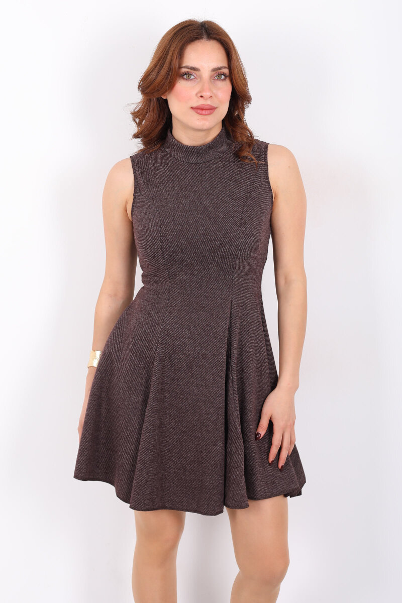 Kolsuz Dik Yaka Acı Kahve Kadın Fırfırlı Elbise - 7
