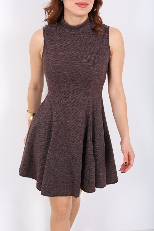 Kolsuz Dik Yaka Acı Kahve Kadın Fırfırlı Elbise - Berox (1)