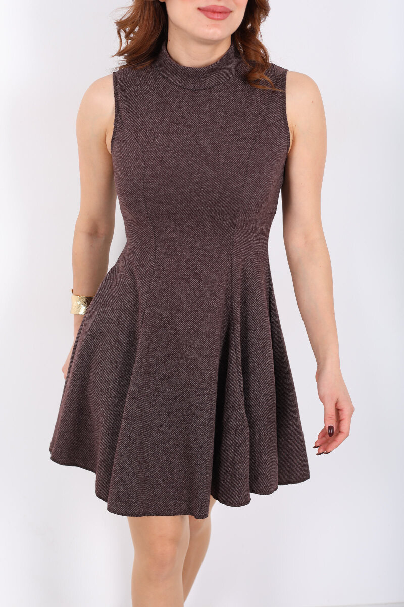 Kolsuz Dik Yaka Acı Kahve Kadın Fırfırlı Elbise - 2