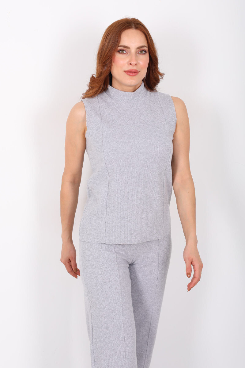 Kolsuz Dik Yaka Gri Melanj Kadın Fitilli Takım - 6