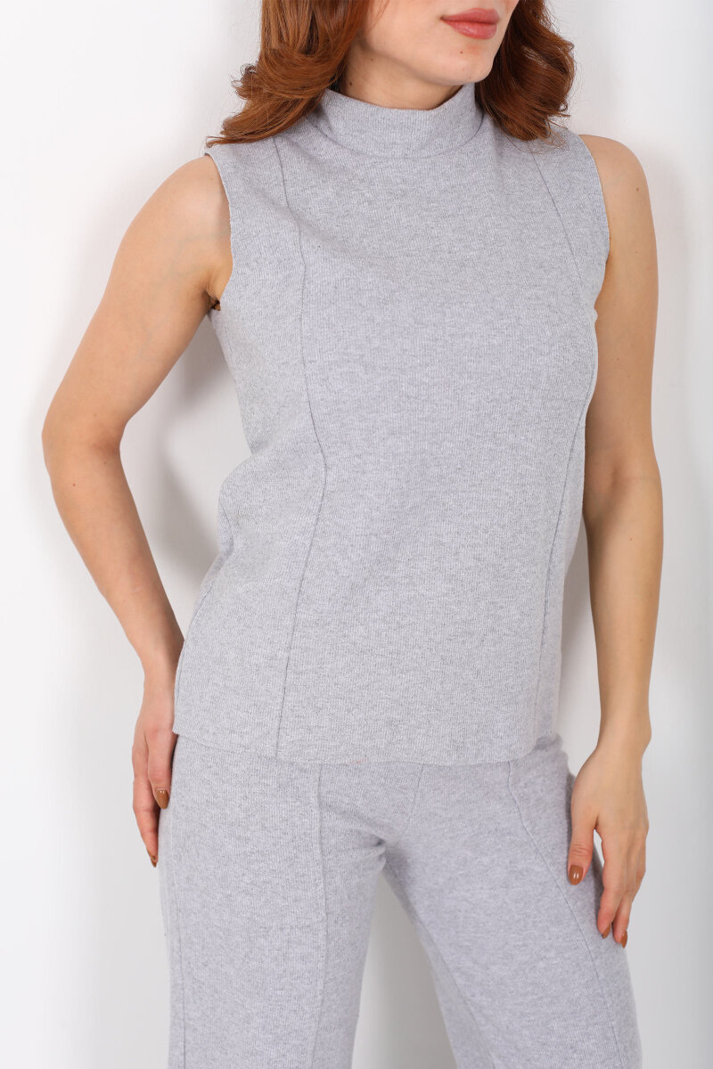 Kolsuz Dik Yaka Gri Melanj Kadın Fitilli Takım - 2