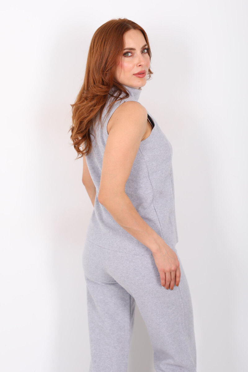 Kolsuz Dik Yaka Gri Melanj Kadın Fitilli Takım - 5