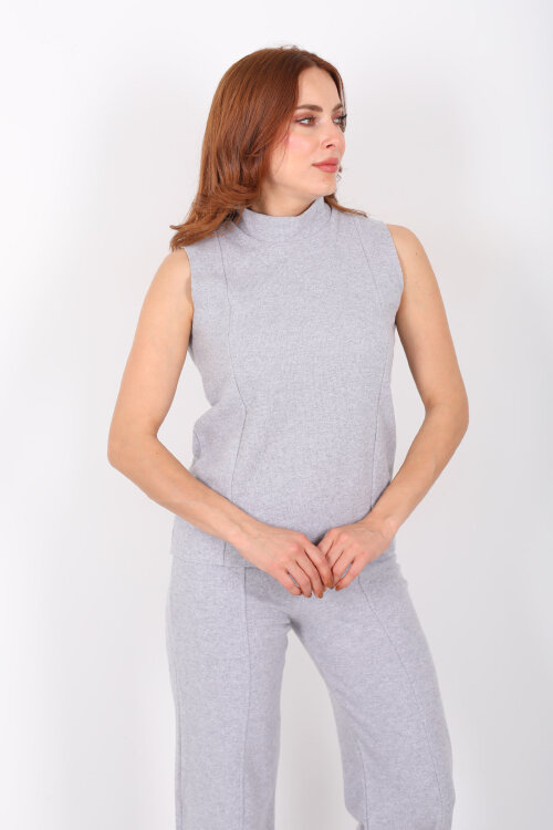 Kolsuz Dik Yaka Gri Melanj Kadın Fitilli Takım - 4