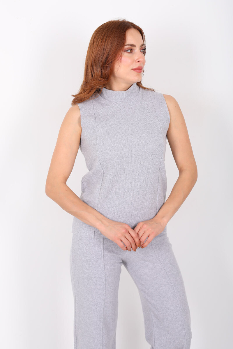 Kolsuz Dik Yaka Gri Melanj Kadın Fitilli Takım - 4