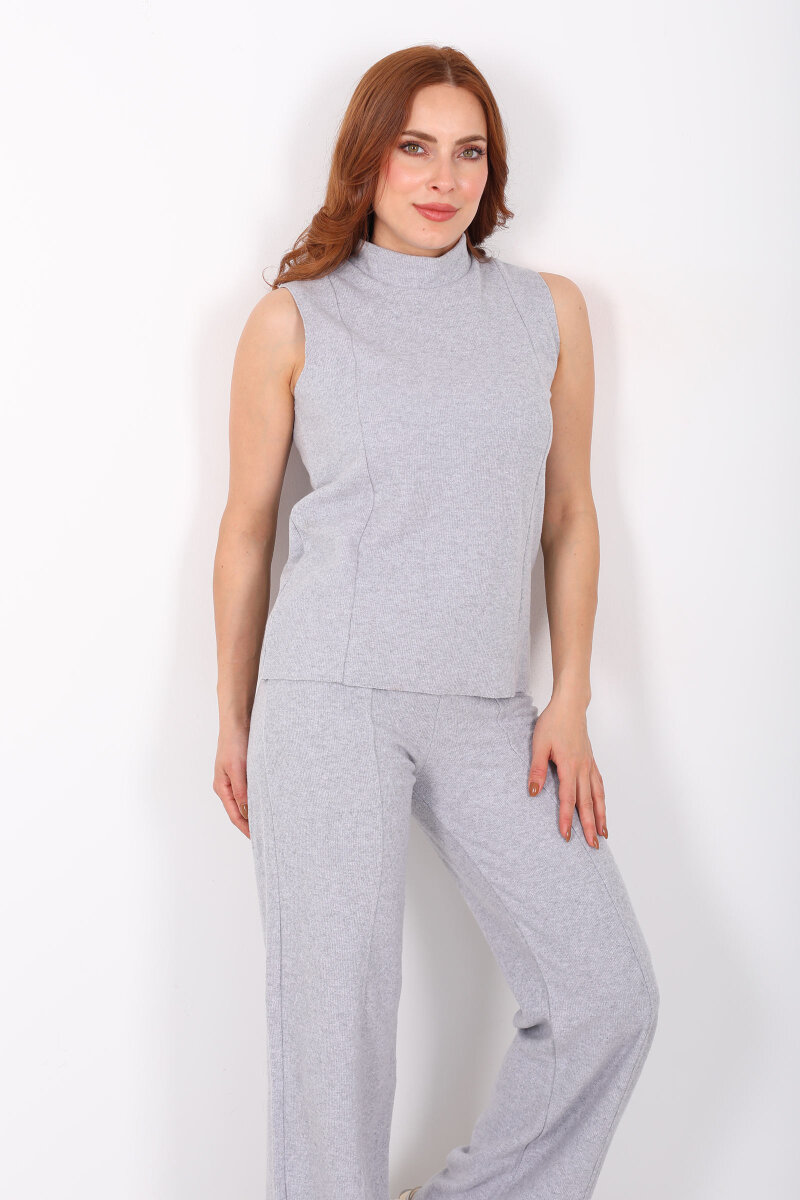Kolsuz Dik Yaka Gri Melanj Kadın Fitilli Takım - 1
