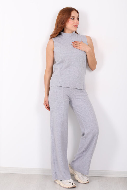 Kolsuz Dik Yaka Gri Melanj Kadın Fitilli Takım - 3