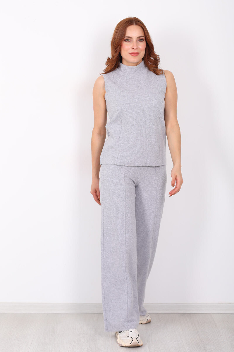 Kolsuz Dik Yaka Gri Melanj Kadın Fitilli Takım - 7
